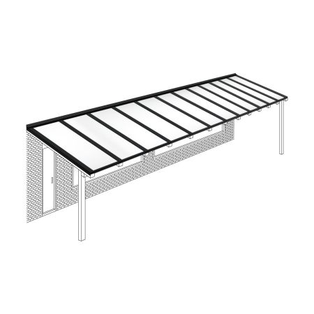 Polycarbonaat kanaalplaten dak opaal wit compleet, aan muur, breedte tot 12,06 m x diepte tot 2,5 m. Profielen zwart