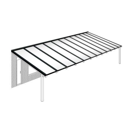Polycarbonaat kanaalplaten dak opaal wit compleet, aan muur, breedte tot 12,06 m x diepte tot 3,5 m. Profielen zwart