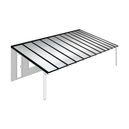 Polycarbonaat kanaalplaten dak helder compleet, aan muur, breedte tot 12,06 m x diepte tot 4 m. Profielen zwart